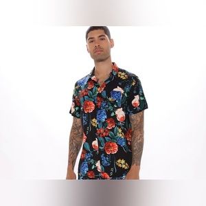Fashion Nova Men Floral Blooms Short Sleeve Woven Top -
Black/Combo